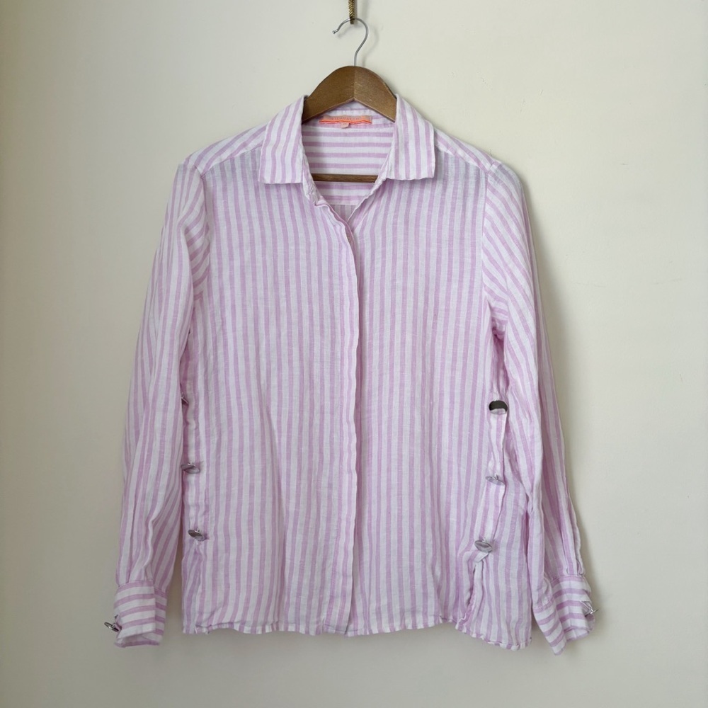 Vilagallo Pink Striped Button Detail Linen Shirt Sz 42 Medium Resortwear